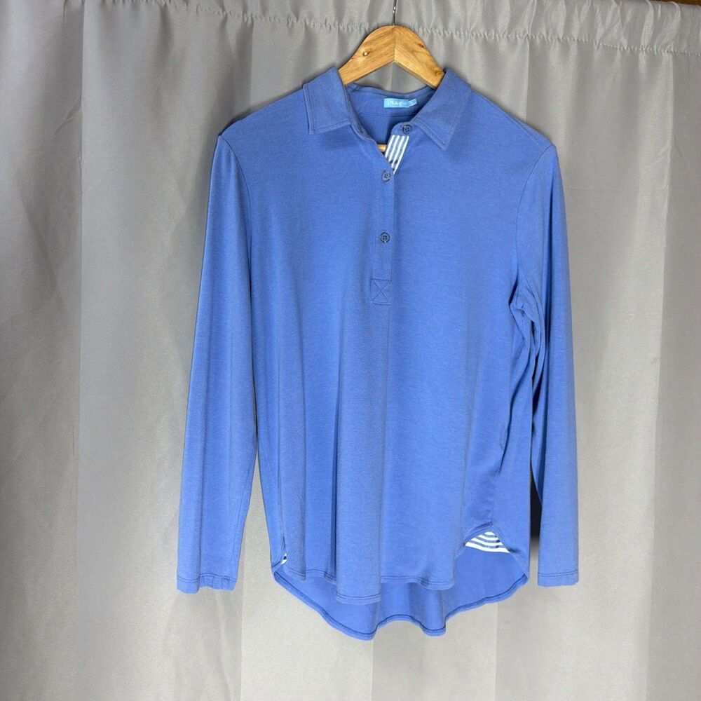 J McLaughlin Blue Button 1/4 Long Sleeve Pullover Top Women Size Large EUC
